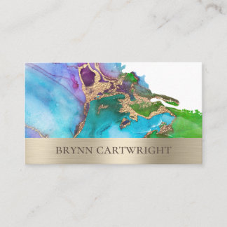 Bright Ink Swirls with Gold Leaf Modern Artistic Business Card