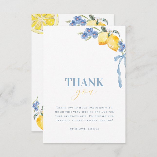 Bright Italian Blue Bow Lemon Floral Bridal Shower Thank You Card (Front/Back)