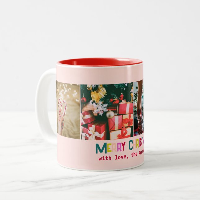 Bright & Joyful Merry Christmas 4 Photo Blush Pink Two-Tone Coffee Mug (Front Left)