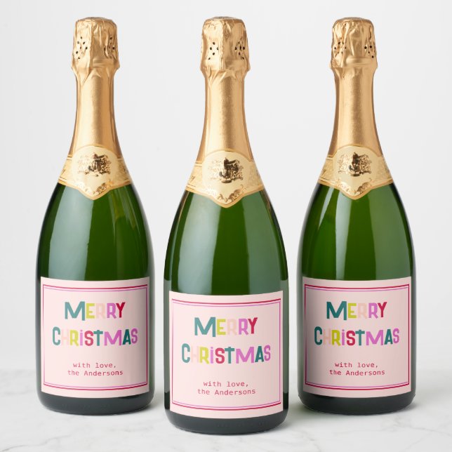 Bright & Joyful Merry Christmas Blush Pink Sparkling Wine Label (Bottles)