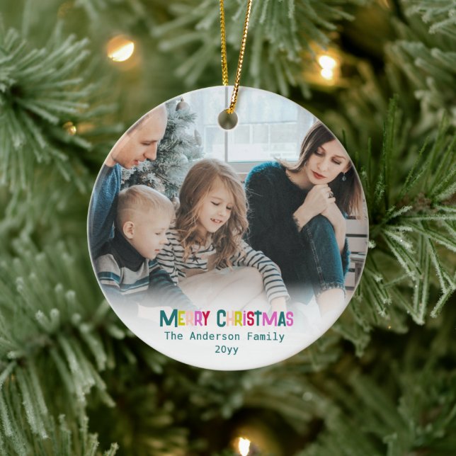 Bright & Joyful Merry Christmas Photo Pine Green Ceramic Ornament (Tree)