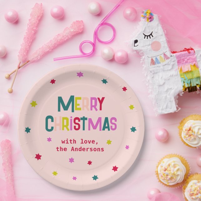 Bright & Joyful Modern Merry Christmas Blush Pink Paper Plate (Party)