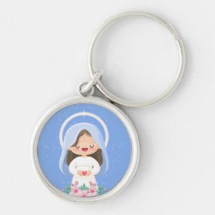 Bright Kawaii Virgin Mary Holding Heart – Light Bl Key Ring