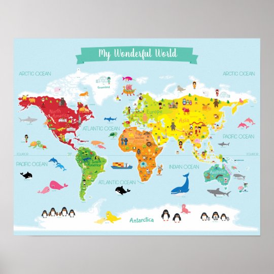 Bright Kids World Map with Illustrations Poster | www.waldenwongart.com