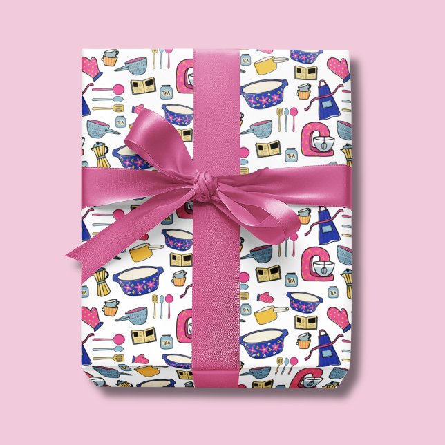 Bright Kitchen Utensils Chef Baker pattern Wrapping Paper (Kitchen Utensil Wrapping Paper Rolls)