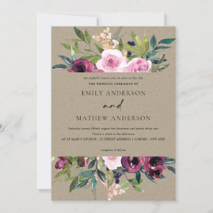 BRIGHT KRAFT BLUSH BURGUNDY FLORAL BUNCH WEDDING INVITATION