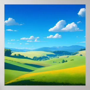 bright landscape with rolling hills poster
