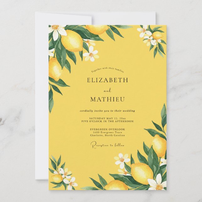 Bright Lemon Citrus Eucalyptus Wedding Invitation (Front)