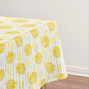 Bright Lemon Slices on Striped Background Tablecloth