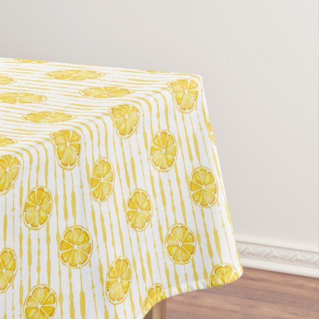 Bright Lemon Slices on Striped Background Tablecloth (In Situ)