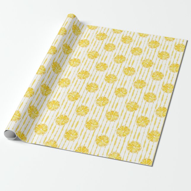 Bright Lemon Slices on Striped Background Wrapping Paper (Unrolled)