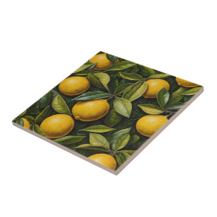 Bright Lemon with Green Leaf Print Tile