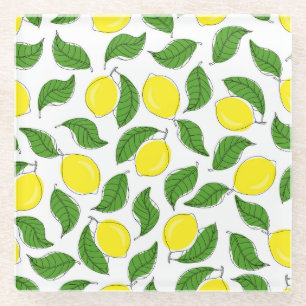 Bright Lemons Green Leaves Pattern Glass Coaster