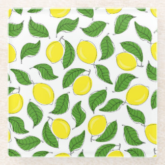 Bright Lemons Green Leaves Pattern Glass Coaster