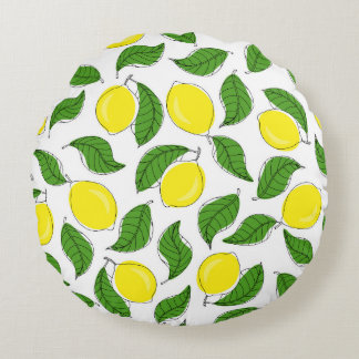 Bright Lemons Green Leaves Pattern Round Cushion
