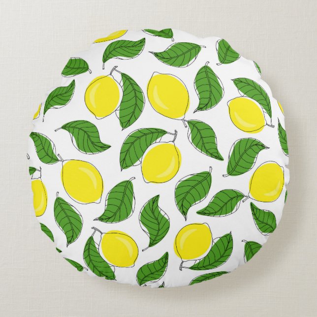 Bright Lemons Green Leaves Pattern Round Cushion (Front)