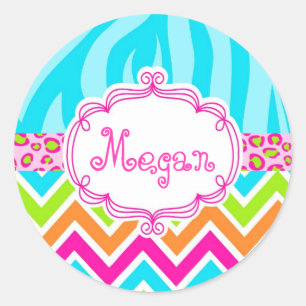 Bright Leopard Zebra Print Chevron Monogram Classic Round Sticker