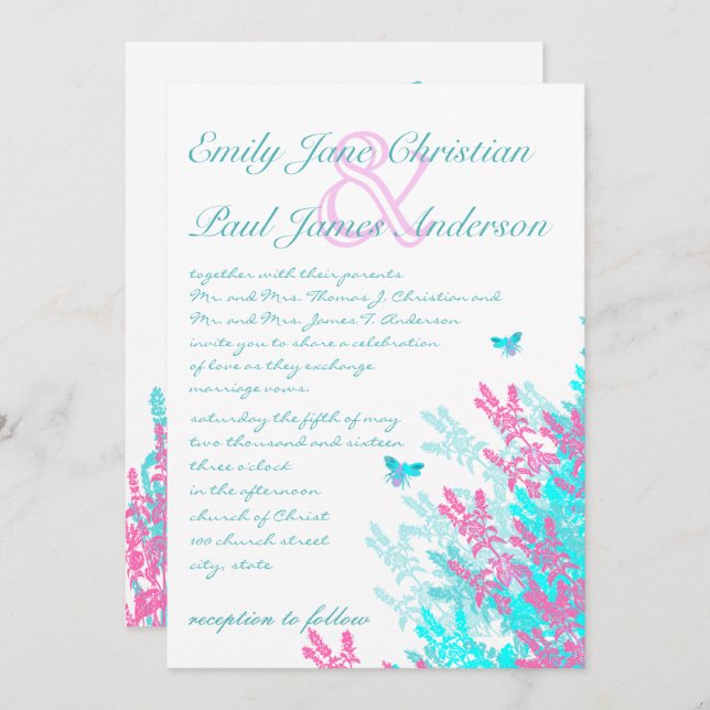 Bright Light Aqau Blue Hot Pink Wild Flowers Bees Invitation (Front/Back)