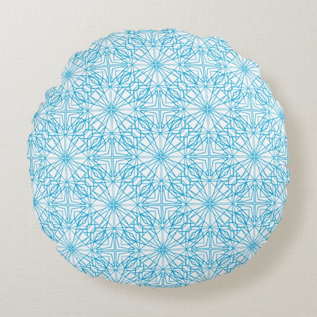 Bright Light Blue White Geometric Symmetry Pattern Round Cushion (Front)