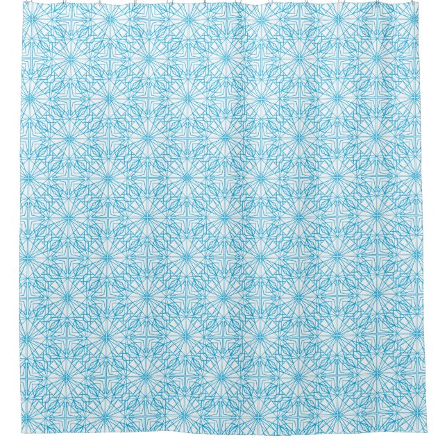 Bright Light Blue White Geometric Symmetry Pattern Shower Curtain (Front)