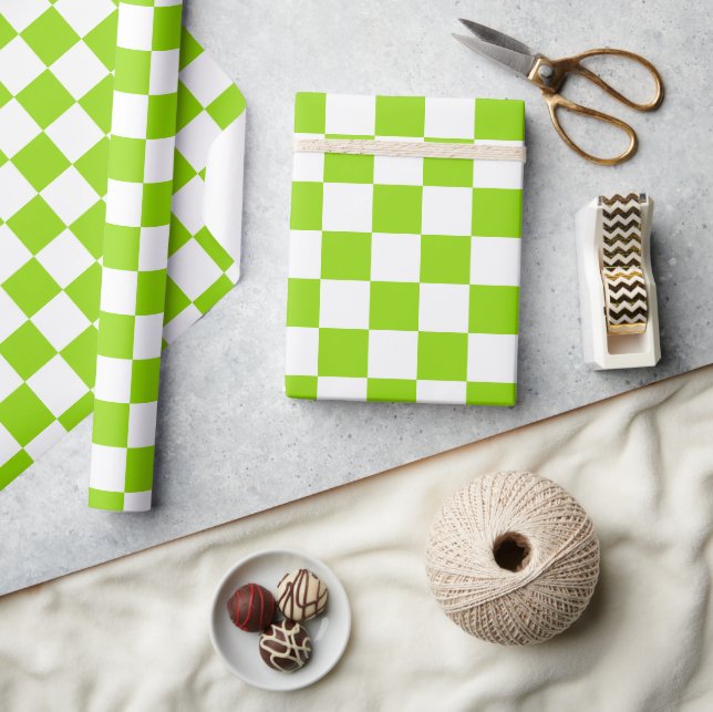 Bright Lime Green and White Chequerboard Tile Wrapping Paper (Crafts)