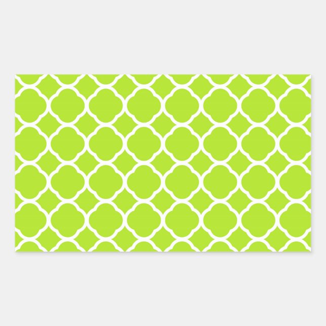 Bright Lime Green and White Quatrefoil Pattern Rectangular Sticker (Front)