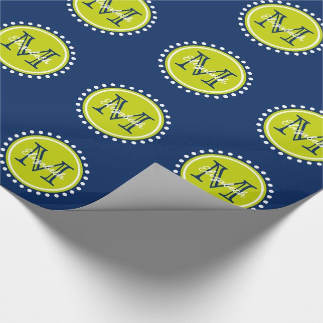 Bright Lime Green Polka Dot Monogram on Navy Blue Wrapping Paper (Corner)