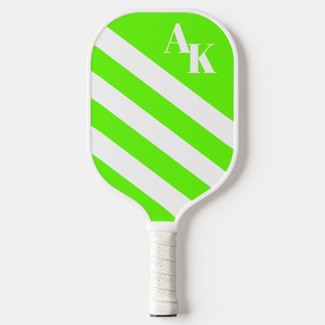 Bright Lime Green Striped Diagonal Monogram Pickleball Paddle (Front)