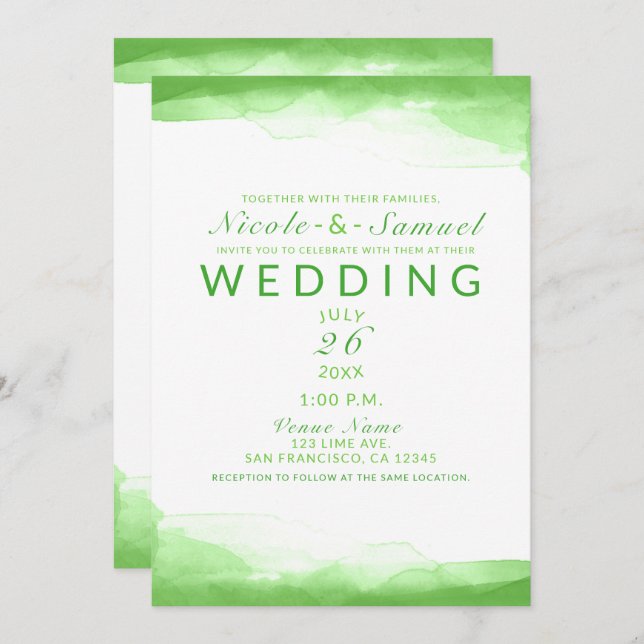Bright Lime Green Watercolor Chic Modern Wedding Invitation (Front/Back)