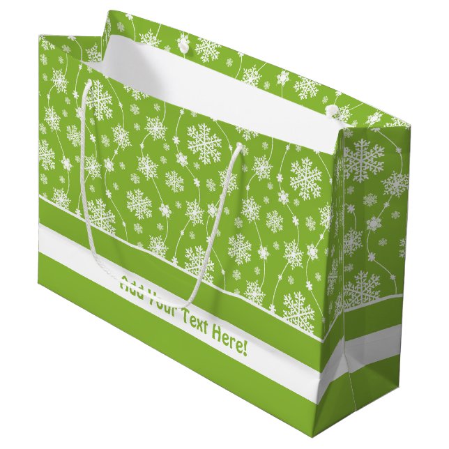 Bright Lime Green Winter White Snowflake Monogram Large Gift Bag (Front Angled)