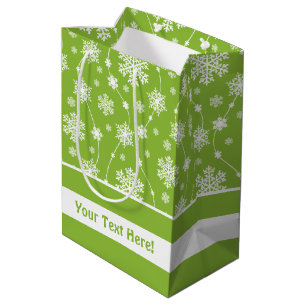 Bright Lime Green Winter White Snowflake Monogram Medium Gift Bag