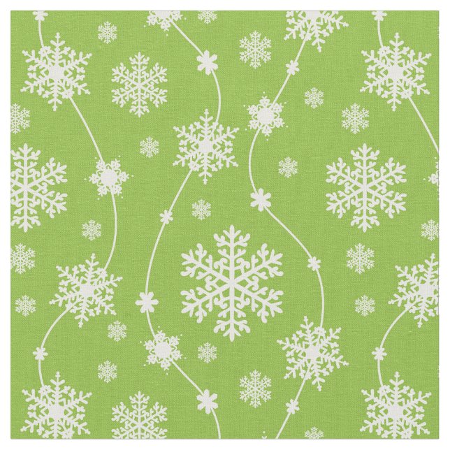 Bright Lime Green Winter White Snowflake Pattern Fabric (Close Up)
