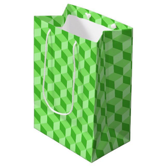 BRIGHT LINE GREEN GEOMETRIC CUBE PATTERNS MEDIUM GIFT BAG (Front Angled)