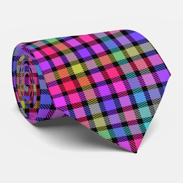 Bright Madras Plaid Rainbow Check Tie (Rolled)