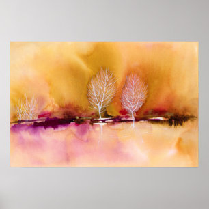 Bright Magenta Brown Abstract Landscape with Trees Poster