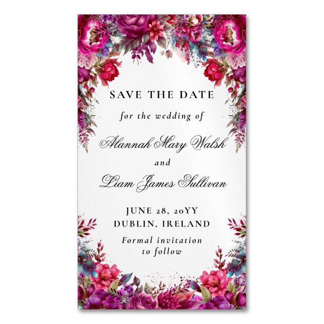 Bright Magenta Floral Budget Save the Date Magnets (Front Vertical)