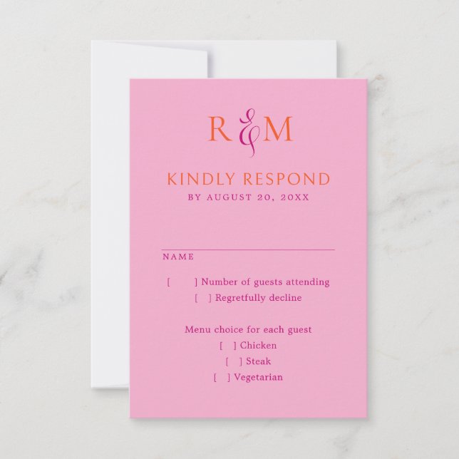 Bright Magenta Orange Simple Monogram Wedding RSVP Card (Front)