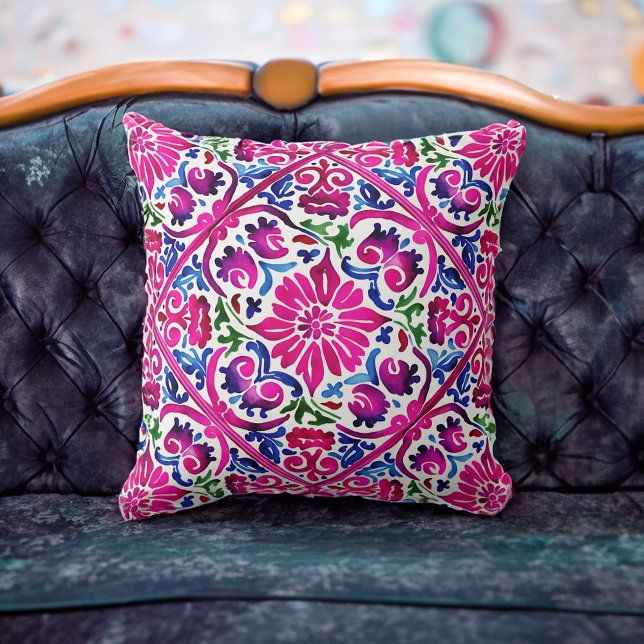 Bright magenta pink blue Mexican tiles pattern Cushion (Bright magenta pink blue Mexican tiles pattern Throw Pillow)