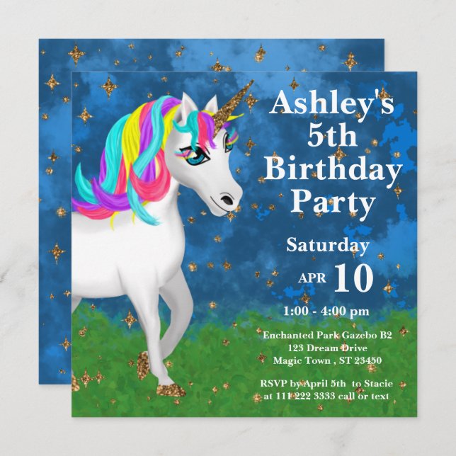 Bright Magical Unicorn 5th Birthday Party Invitation (Front/Back)