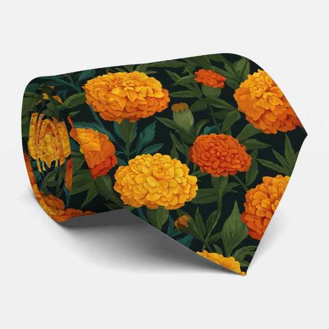 Bright Marigold Floral Pattern Tie (Rolled)