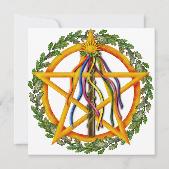Bright Maypole Beltane Sun Pentacle Holiday Card (Front)