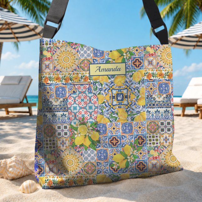Bright Mediterranean Orange Floral Tile Monogram Crossbody Bag (Creator Uploaded)