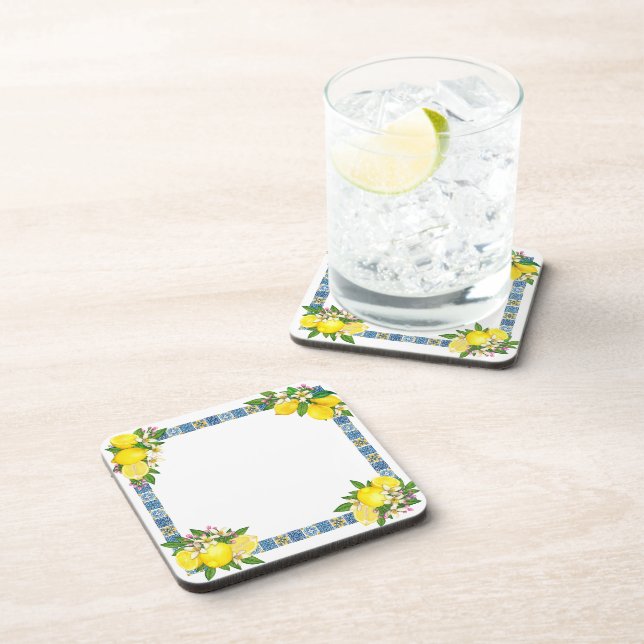 Bright Mediterranean Sicilian Tiles Citrus Lemons Coaster (Right Side)