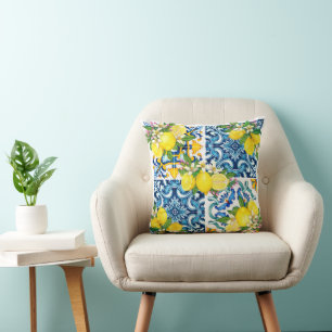 Bright Mediterranean Sicilian Tiles Citrus Lemons Cushion