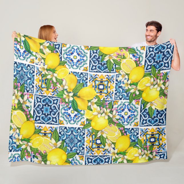 Bright Mediterranean Sicilian Tiles Citrus Lemons Fleece Blanket (In Situ)