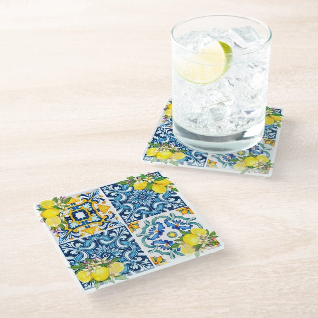 Bright Mediterranean Sicilian Tiles Citrus Lemons Glass Coaster (Angled)