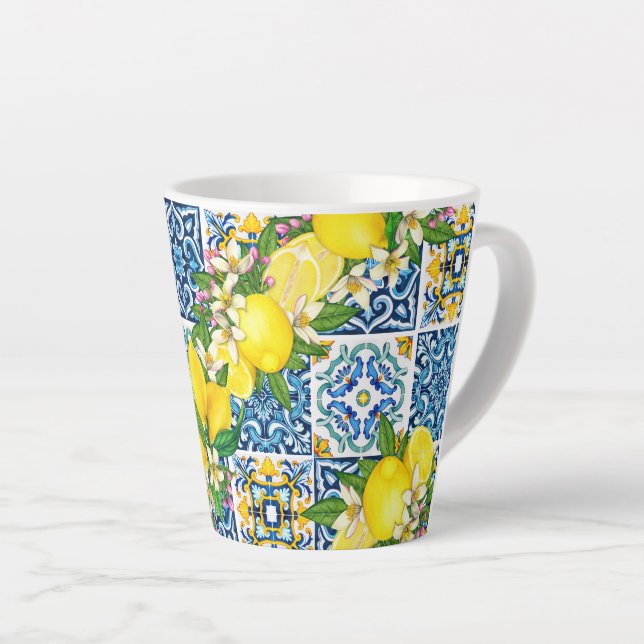 Bright Mediterranean Sicilian Tiles Citrus Lemons Latte Mug (Right Angle)