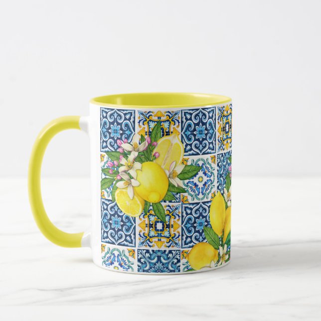 Bright Mediterranean Sicilian Tiles Citrus Lemons Mug (Left)