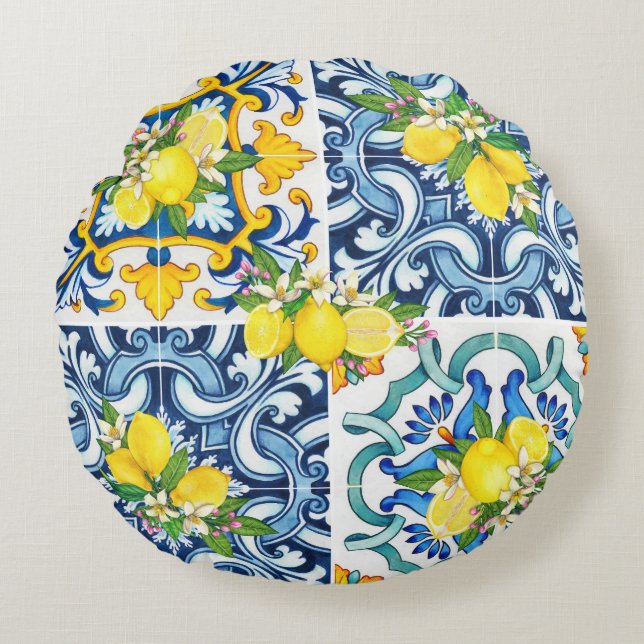 Bright Mediterranean Sicilian Tiles Citrus Lemons Round Cushion (Front)