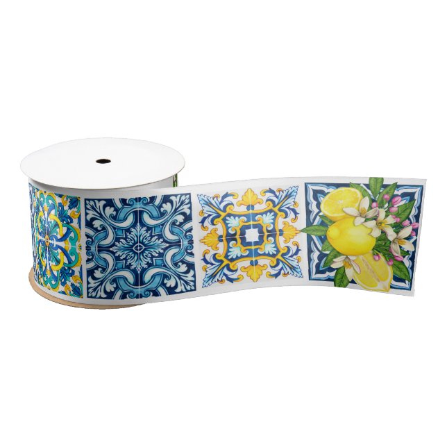 Bright Mediterranean Sicilian Tiles Citrus Lemons Satin Ribbon (Spool)